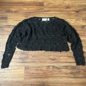 Black 90s Vintage Crochet Cropped Sweater Raw Hem Whimsygoth Fairy Boho‎ Women S